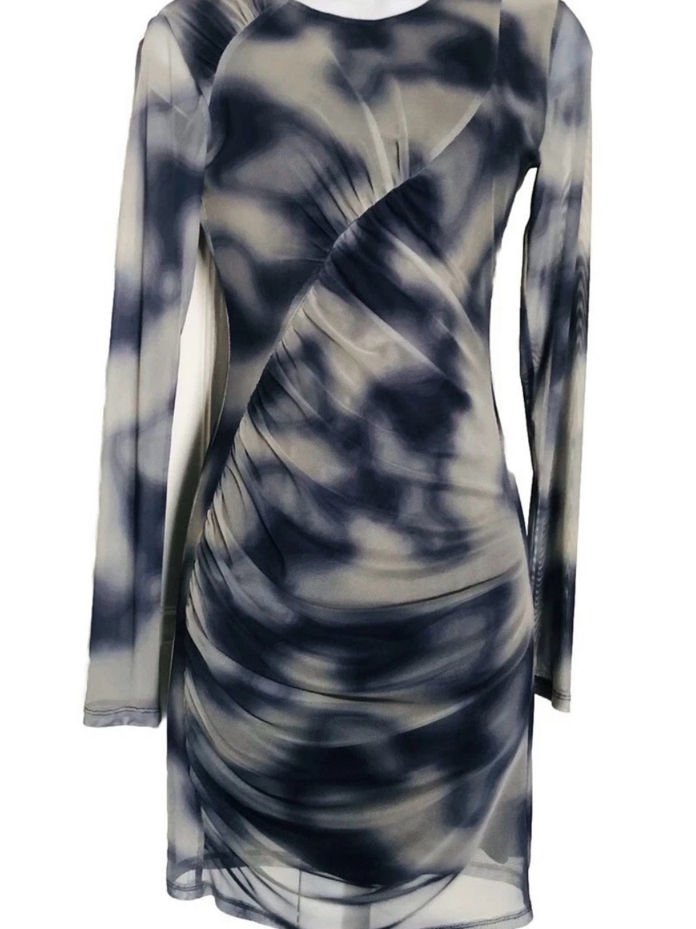 Zara Draped Tulle Tie Dye Mesh Ruched Long Sleeve Bodycon Blue Mini Dress S EUC